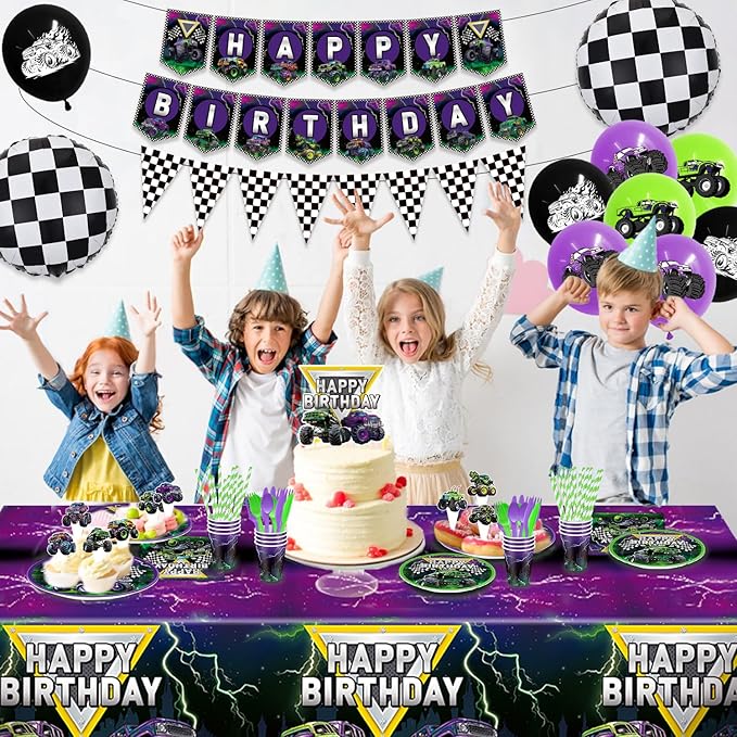 Truck Birthday Decorations Kit,162pcs Monster Birthday Party Supplies Serves 16 Guests, Truck Theme Party Decorations for Boy Purple and Green