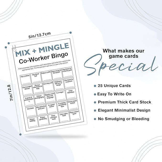Sahjzk Office Bingo Cards, 25 Unique Randomized 5x7 Sheets, Get to Know You Bingo Game for Adults, Ice Breaker Office Party Games, Team Building Games for Work, High Replay Value - A02