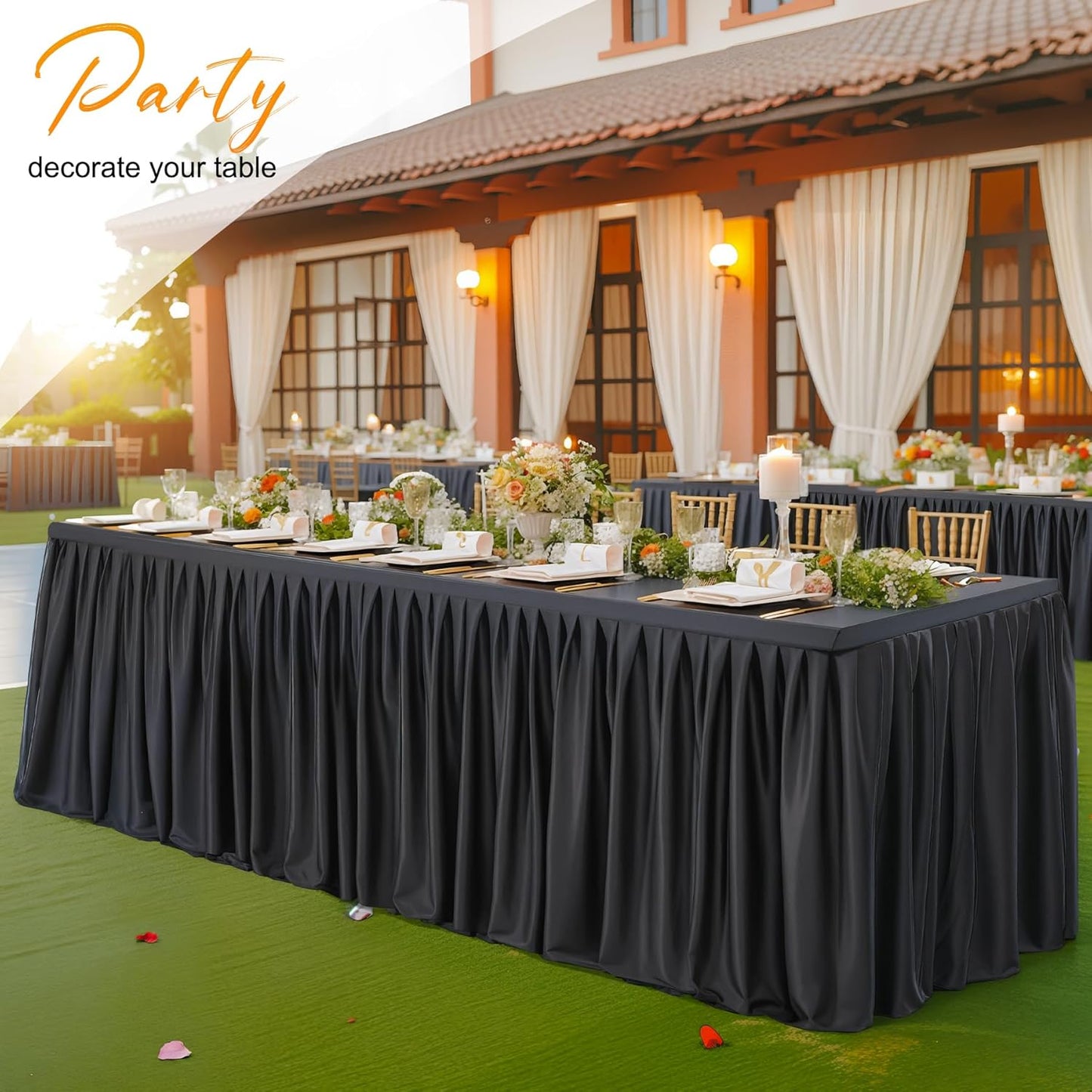 Black Polyester Table Clothes for 8 Foot Rectangle Tables, Wrinkle Free Fitted Table Cover 8ft Stretch Tablecloths with Skirt for Parties Weddings Birthday Banquet Baby Shower