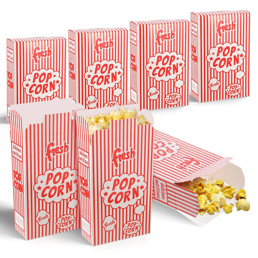100 Pack Popcorn Containers, 1.25 oz Popcorn Boxes, Red and White Striped Close-Top Cardboard Pop Corners Bags Individual Servings for Party, Movie Night