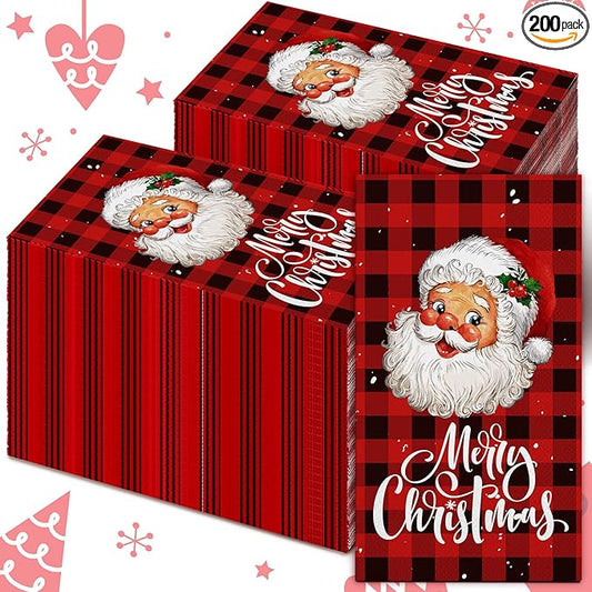Karenhi 200 Pcs Christmas Paper Napkins 2 Ply Santa Claus Disposable Hand Towels for Bathroom Buffalo Plaid Guest Napkin Snow Decorative Paper Guest Towels for Bathroom for Party Holiday Wedding