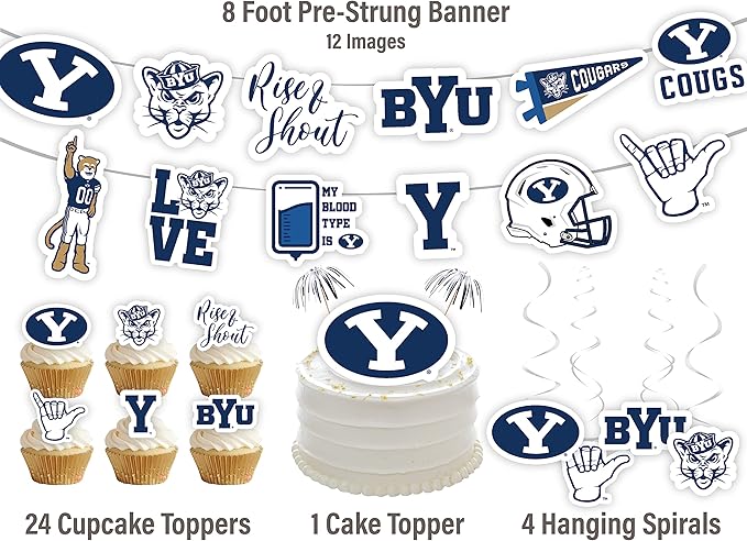 Brigham Young University Party Supplies for Cougs Football, Birthday Gift, Graduation Party Banner and Cake Toppers (42 Pieces) (BYU Cougars)