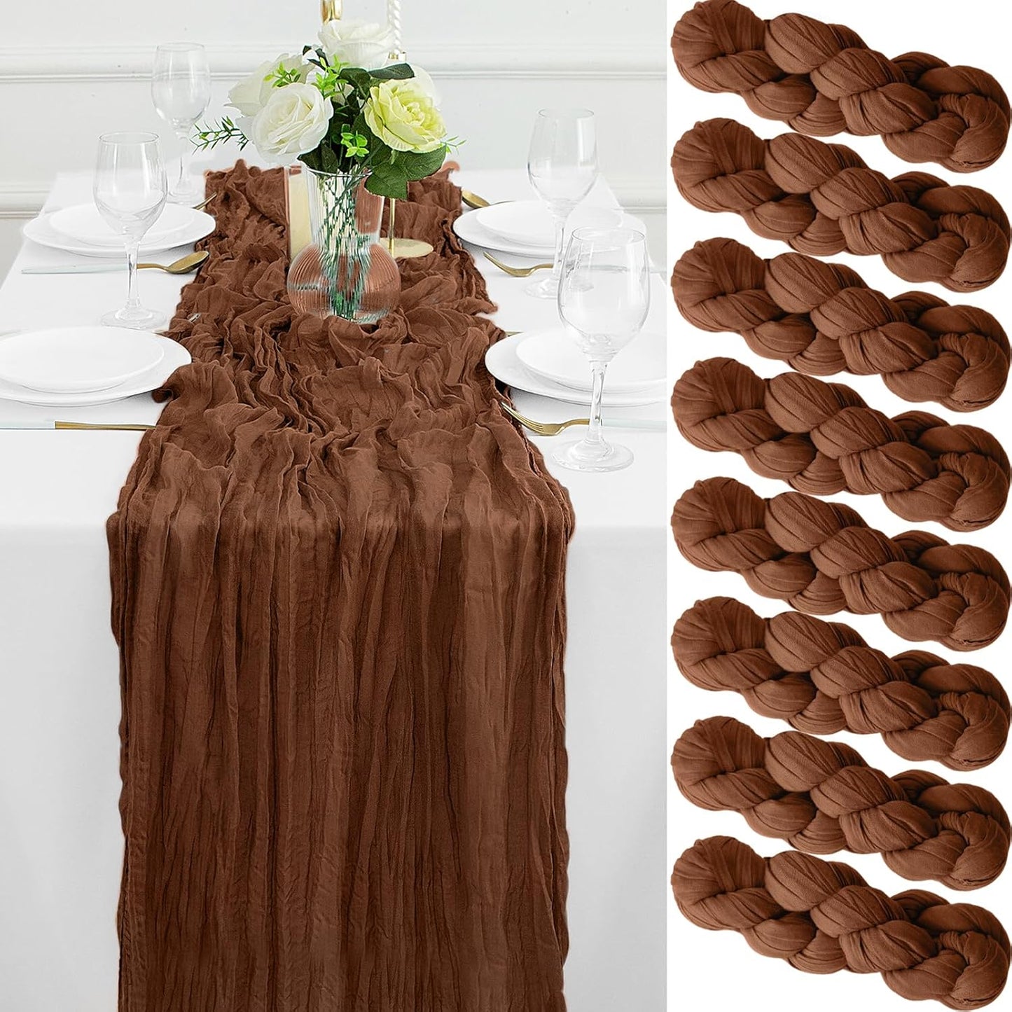 8Pack Brown Table Runner 10FT Cheesecloth Table Runner 35x120Inch Long Boho Cheese Cloth Table Runners Rustic Gauze Table Runners for Party Wedding Bridal Shower Baby Shower Decorations