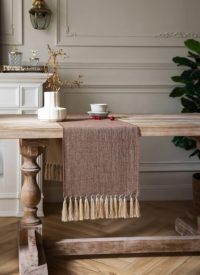 ZeeMart Brown Table Runners 60 Inches Long, Burlap Linen Style Rustic Farmhouse Table Runner, Boho Woven Dining Table Runner, 13x60 Inches, Brown