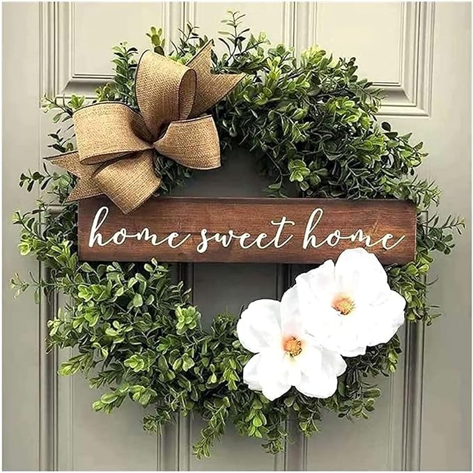 Artificial Christmas Garland Artificial Wreath Christmas Decorations Wreath Xmas Ornament Christmas Wreath Artificial Eucalyptus Leaves Wreath with Wooden Front Door Christmas Home Decor