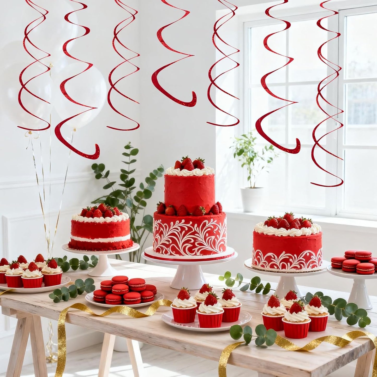Fumwase 30PCS Hanging Swirl Party Decorations Shinny Foil Plastic Party Streamer for Ceiling Ornament Set for Home School Birthday Wedding Halloween Decorations (Red)