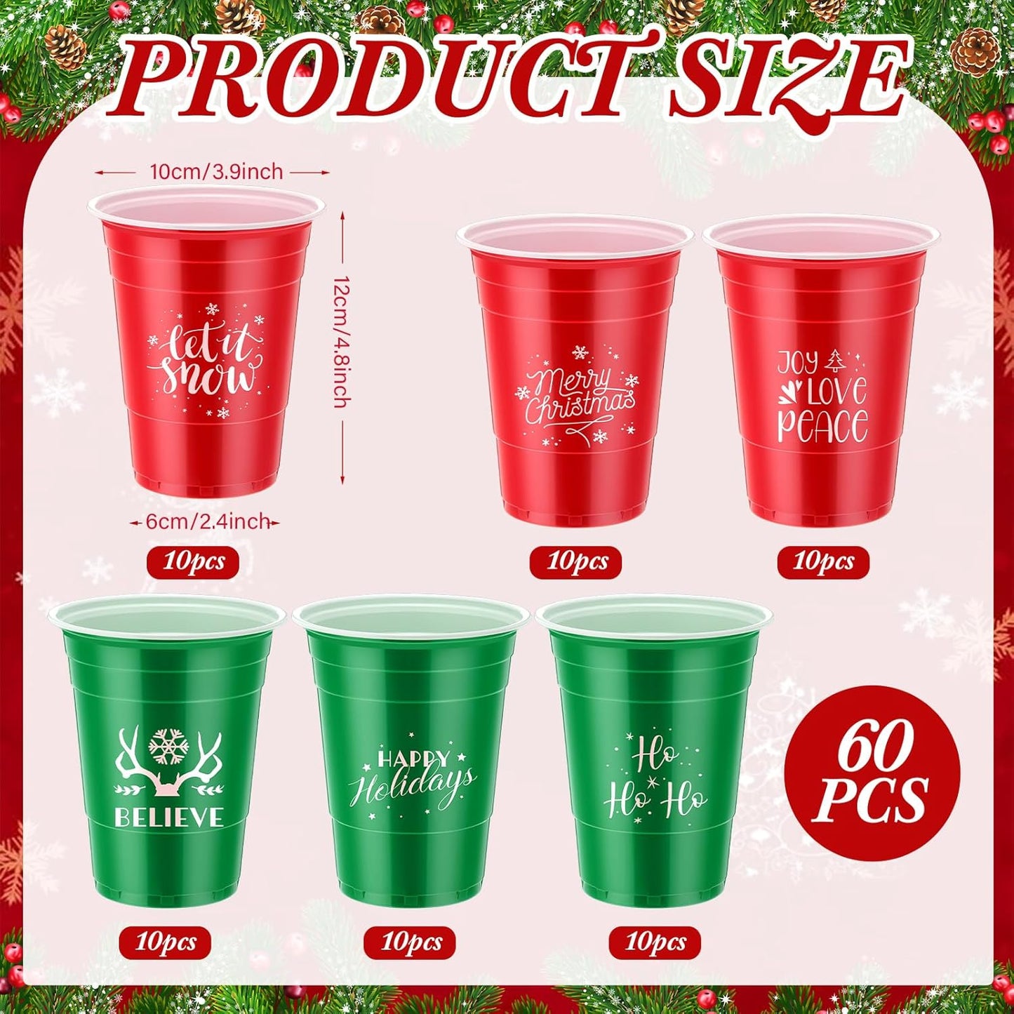 Sliner 60 Pcs 16 oz Christmas Plastic Disposable Cups Bulk Snowflake Elk Star Christmas Tree Drinking Cups for Xmas Birthday Party Supplies