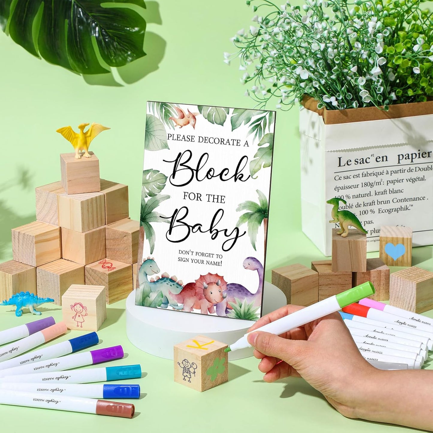 Tatuo 75 Pcs Baby Shower Games Sign Kit Including Decorate a Block Game Sign 50 DIY Wooden Block 24 Acrylic Paint Marker Baby Shower Prize for Gender Reveal Party(Dinosaur)