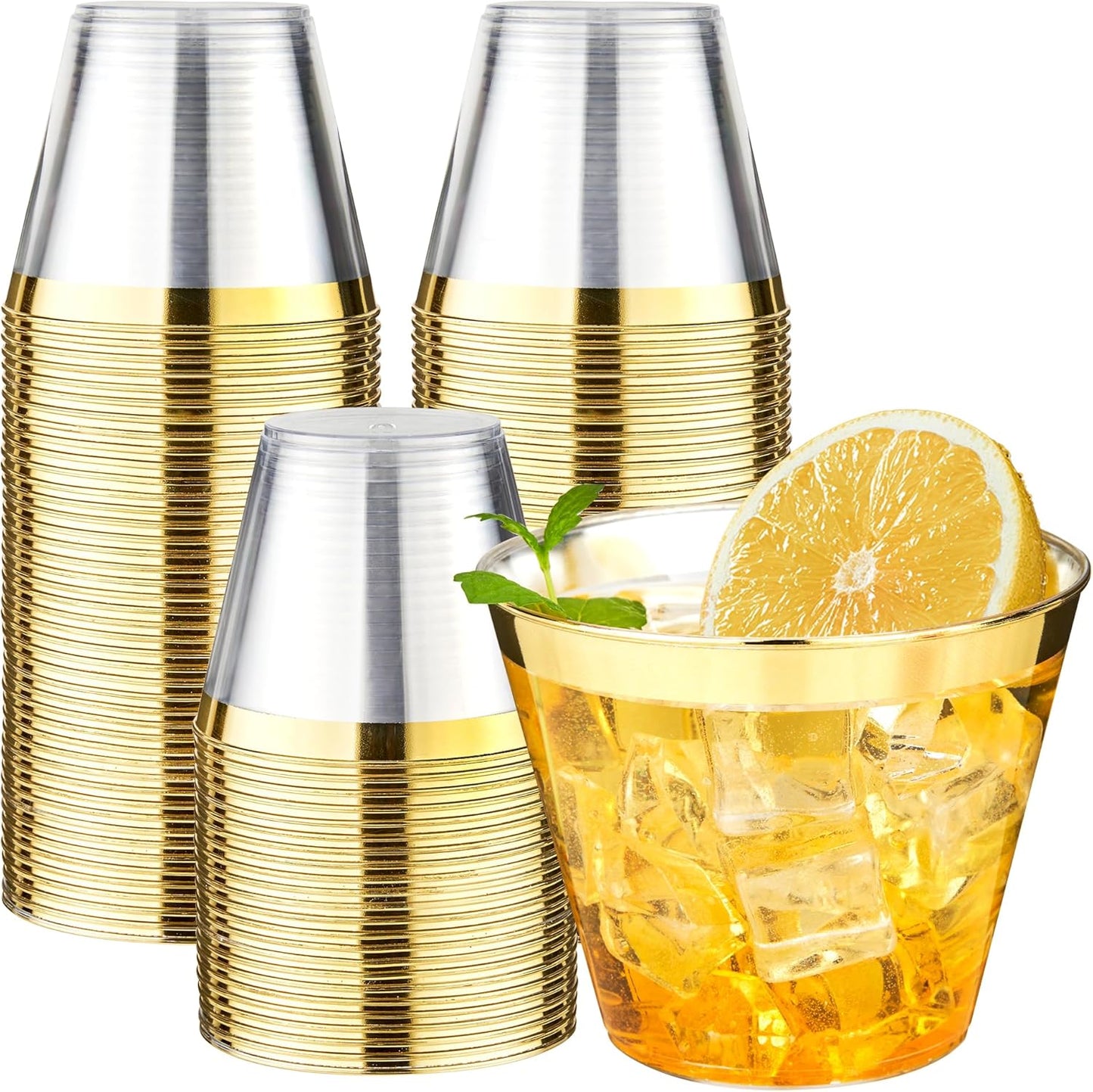 RACETOP 9 oz 100 Pack Clear Plastic Cups with Gold Rim, Disposable Gold Rim Clear Plastic Cups for Parties, Gatherings, Weddings, and Festival Events