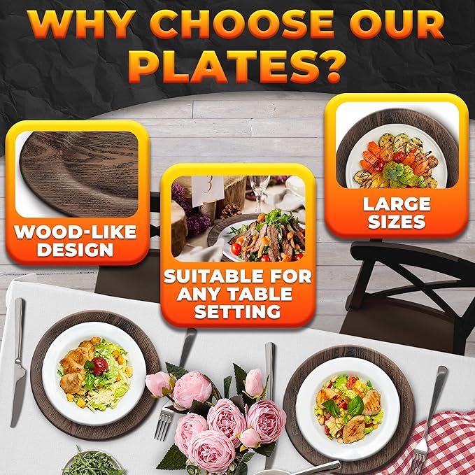 Easter Plastic Chargers for Dinner Plates Set of 4 - Large 13" Round Design -Colorfast and Elegant, Suitable for Dinner Settings, Weddings | Great Festive Home Decor Gifts, Faux Wood Charger Plates
