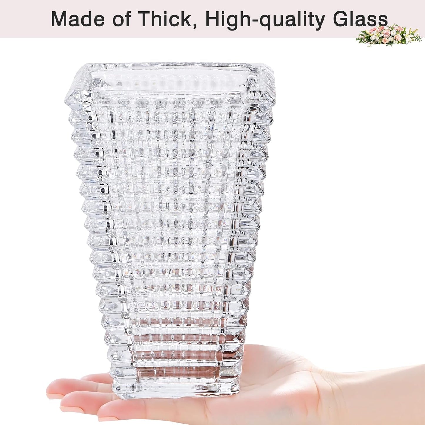 VECELO Crystal Glass Vase for Flowers, 11 Inch Clear Decorative Centerpiece Vase, Modern Square Textured Flower Vase for Dining Table, Wedding, Living Room, Office Decor