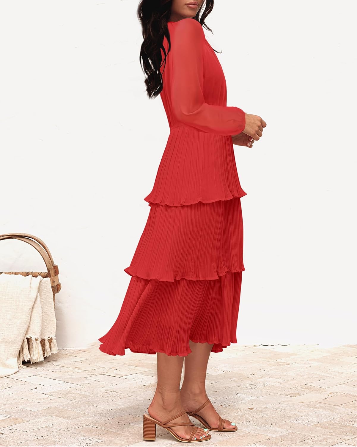 ZESICA Women's 2025 Long Sleeve Crew Neck Ruffle Tiered Layered Chiffon Flowy Swing Long Midi Dress