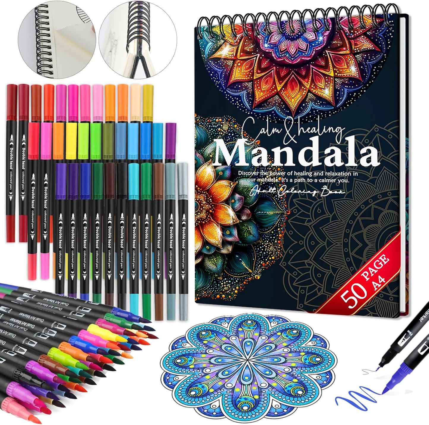 Mandala Coloring Book for Women Relaxation, 50 Patterns Spiral Bound Mindfulness Coloring Books for Adult with 36 Dual-tip Markers, Inspirational Gift for Women, Hardcover Adult Coloring Books Set