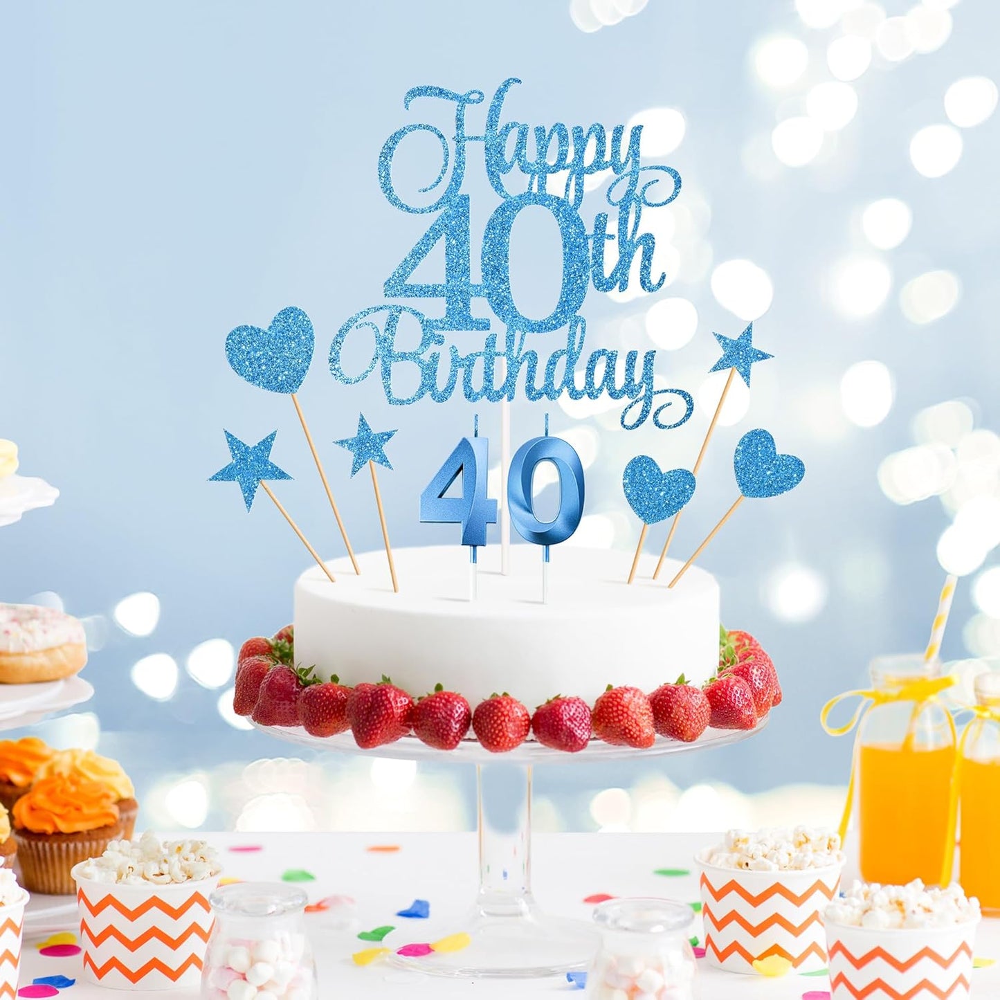 40th Birthday Cake Decorations, 40th Birthday Candles Cake Numeral Candles and Glitter Happy 40th Birthday Cake Toppers Set for Birthday Party Supplies (Blue)