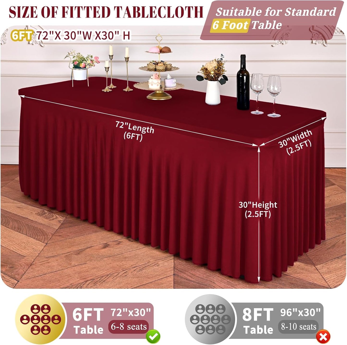 2 Packs Burgundy Stretch Table Skirts for 6 Foot Rectangle Table, Washable Spandex Stretch Tablecloths with Skirt, Wrinkle Resistant Fitted Tablecover for Wedding Party Banquet