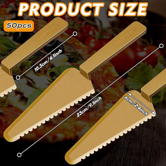 Suclain Disposable Cake Cutter 9.1 Inch Plastic Cake Server Cutting Plastic Spatula Knives Pie Pizza Pastry Slicer Serving Utensils for Kitchen Wedding (Gold,50 Pieces)