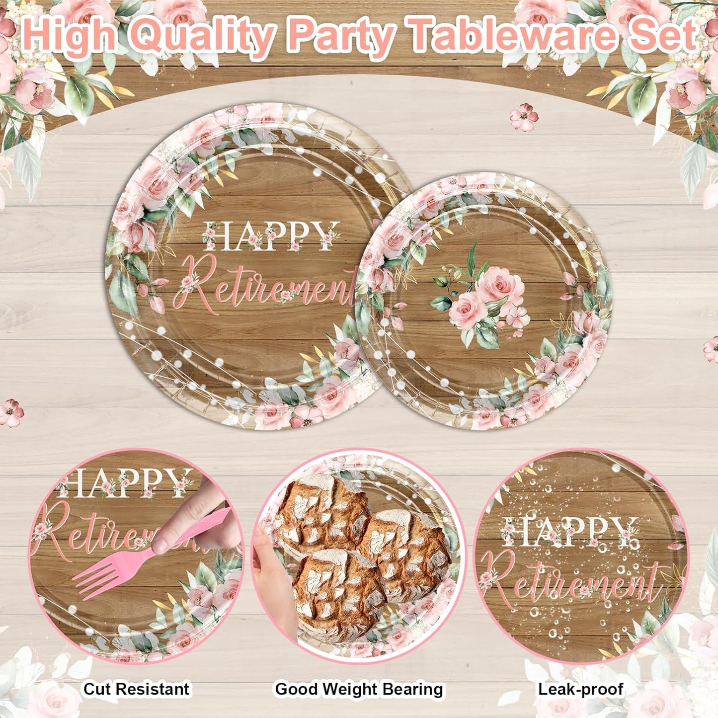 Avezano 96 PCS Retirement Party Decorations Rustic Pink Floral Happy Retirement Plates Tableware Women Farewell Party Supplies, Serves 24