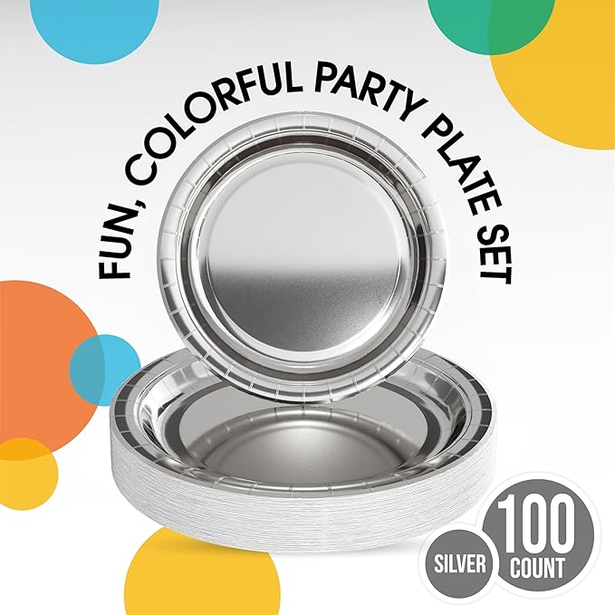 Exquisite Silver Paper Plates Disposable Heavy Duty 100 Pcs - 50-7" & 50-9" Silver Disposable Plates For Party Heavy Duty Paper Plate 350 GSM Birthday Party Supplies Plate Set