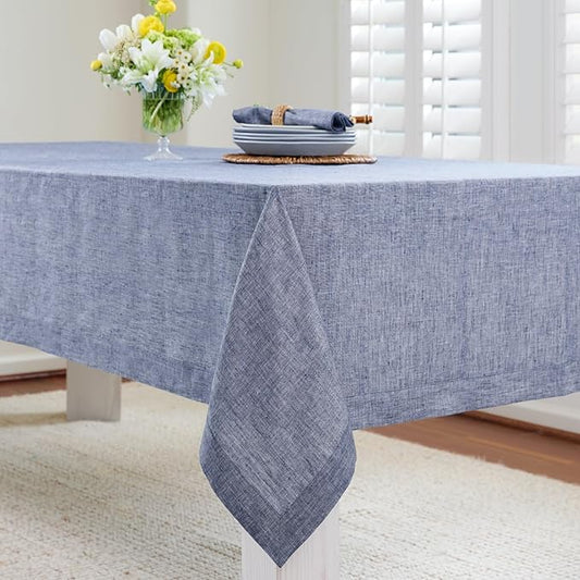 Solino Home Linen Tablecloth 60 x 108 Inch - 100% Pure Linen Chambray Indigo Table Cloth for Rectangle Tables - Athena, Machine Washable Tablecloth for Spring, Easter