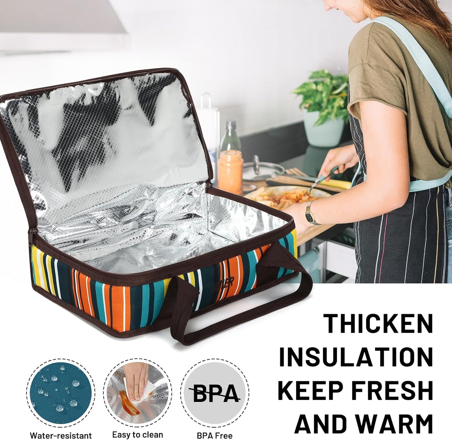 MIER Insulated Casserole Carrier for Hot or Cold Food Thermal Food Carrier Bag for Lasagna Potluck Parties Picnic Cookouts, Fits 9"x13" Baking Dish/Foil Pan, Blue