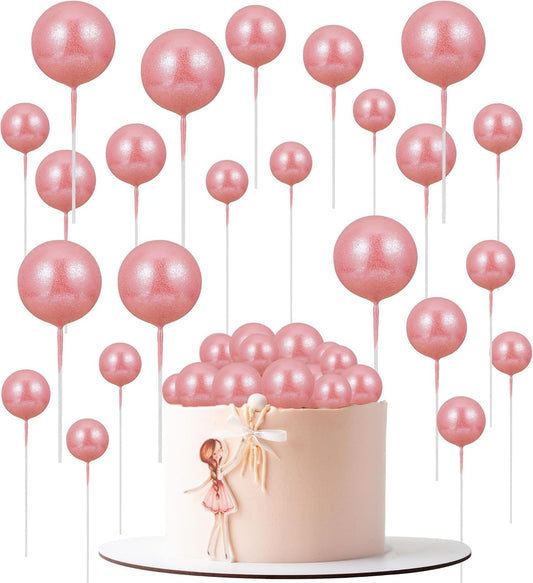 30Pcs Balls Cake Topper Glitter Foam Ball Cake Picks Mini Balloon Cupcake Insert Bubble Balls DIY Decoration for Baby Shower Wedding Anniversary Kids Birthday Graduation Party Cake Decorations Pink