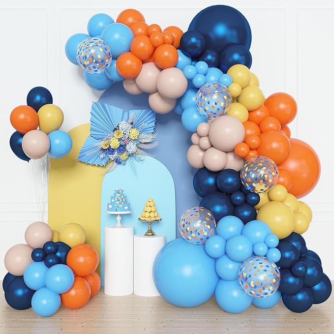 Amandir 153pcs Blue Orange Balloon Garland Arch Kit, Different Sizes 18 12 10 5 inch Navy Blue Yellow Latex Pearlescent Confetti Balloons for Girl Boys Blue Birthday Party Decorations