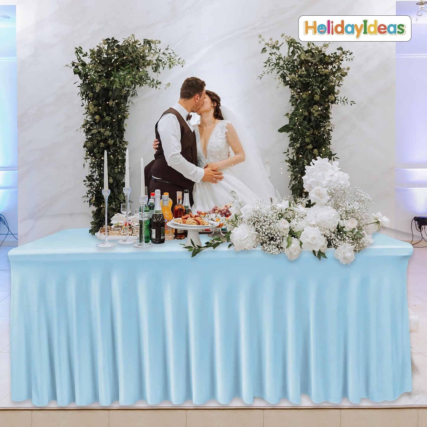 HolidayIdeas Floor Length 8ft Spandex Tablecloth 2 Pack Fitted Stretch Table Skirts 30x96 Inch, Ruffle Design Wrinkle-Free Polyester Table Cover for Weddings Parties Banquets Events,Baby Blue, 2 Pcs