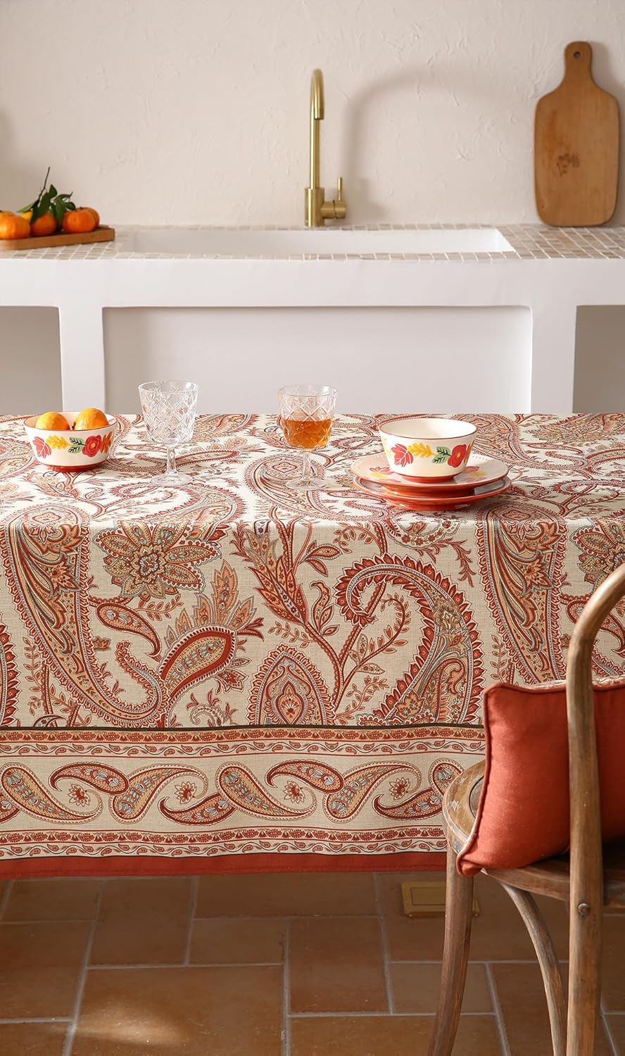 ISAENNE Designer French Red Extra Long Tablecloth Rectangle,Linen Table Cloth with Cashew Pattern,Stain Proof Decor Tablecloths for Dining Thanksgiving Kitchen Christmas,63"*110"-Chauffrey D
