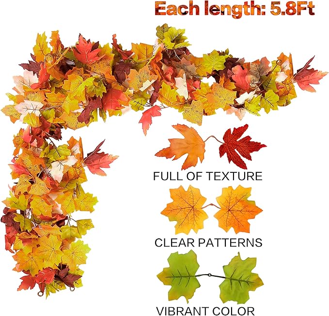 Sggvecsy 3 Pack Fall Maple Leaf Garland 5.7Ft/Piece Artificial Autumn Maple Leaves Hanging Foliage for Indoor Outdoor Home Wedding Thanksgiving Party Fireplace Decor