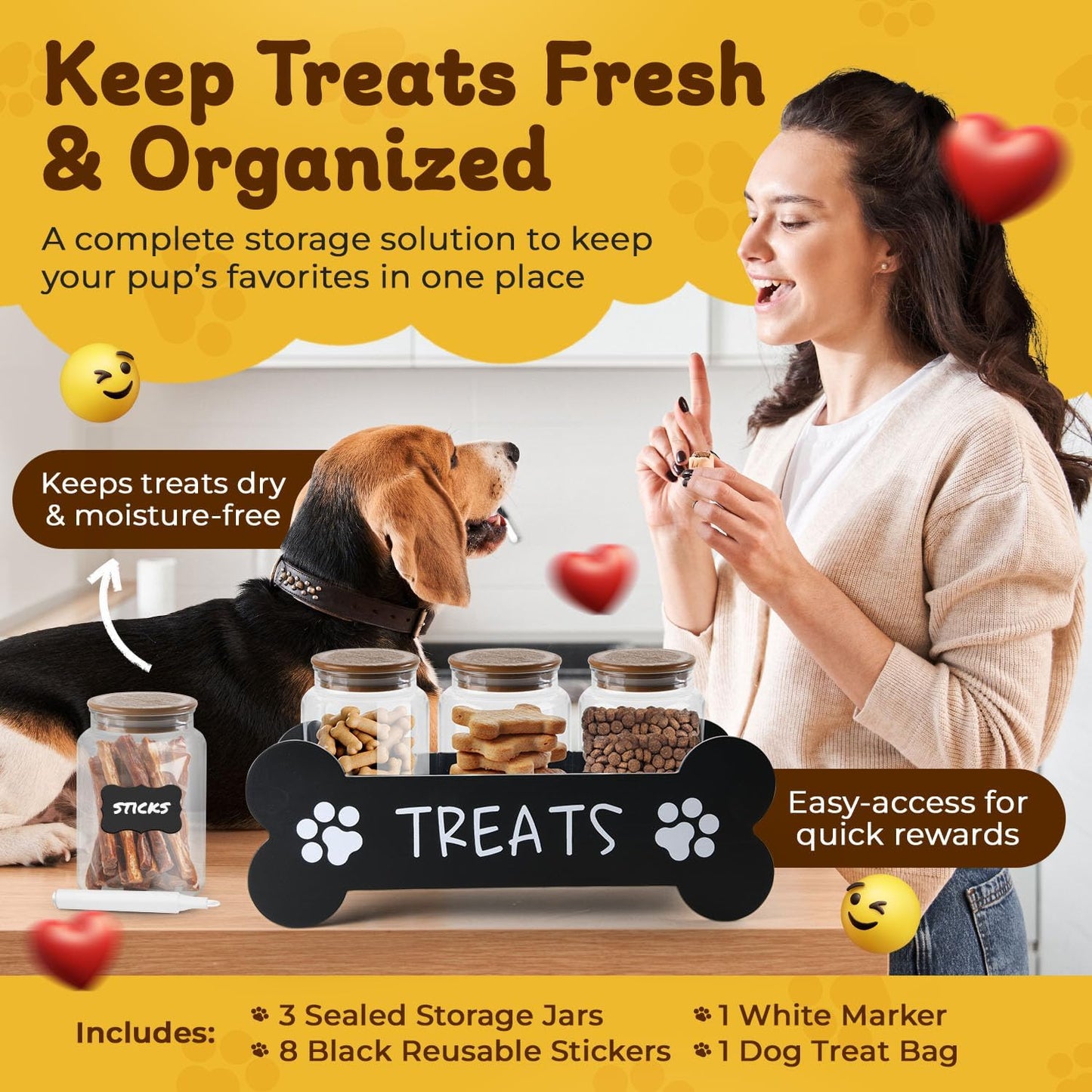 Dog Treat Container - Includes 3 Treat Jars, 1 Treat Bag, Wooden Pet Treat Holder, storage Basket, Dog Treat Station, with Reusable Sticker & Marker - Bone Shape
