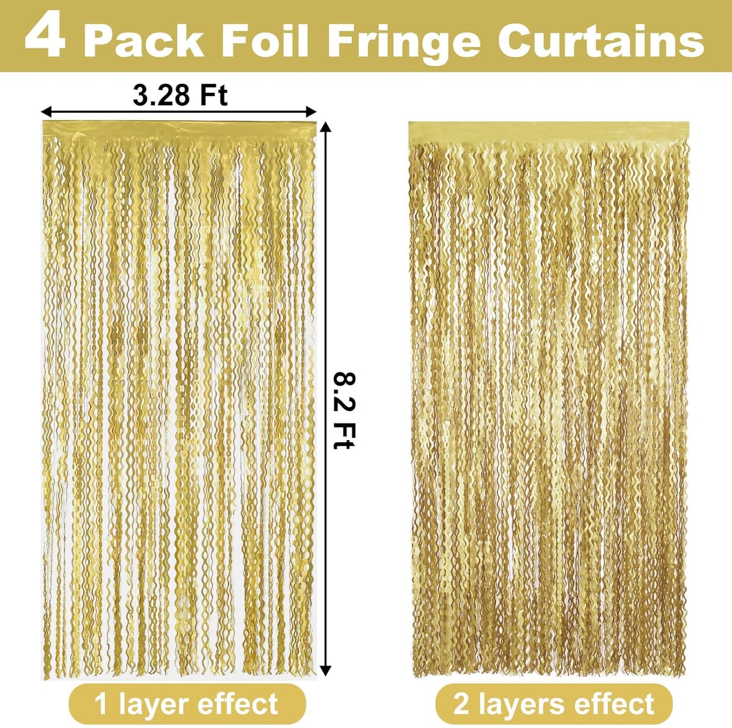 4 Pack Light Gold Fringe Curtain Backdrop 3.2Ft x 8.2Ft Metallic Tinsel Foil Fringe Streamers Background for Photo Booth Mother's Day, Easter, Carnival, Birthday, Wedding Party Decoration