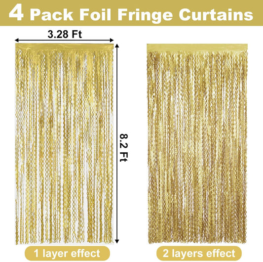 4 Pack Light Gold Fringe Curtain Backdrop 3.2Ft x 8.2Ft Metallic Tinsel Foil Fringe Streamers Background for Photo Booth Mother's Day, Easter, Carnival, Birthday, Wedding Party Decoration