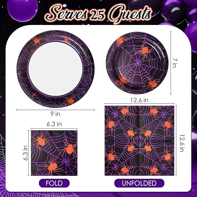 75pcs Spider Party Supplies - Disposable Spider Web Paper Plates & Napkins (25pcs 9" & 7" Plates, 25pcs Napkins) for Birthdays, Halloween, Birthday, and Parties Decoration