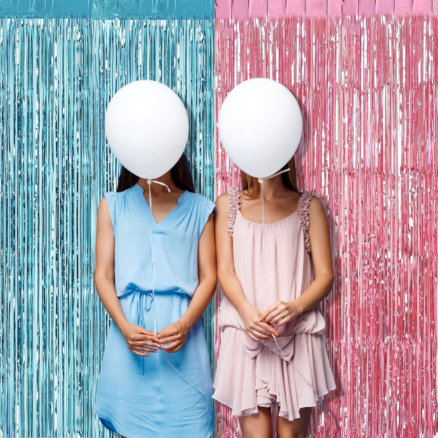 4 Pack 3.2Ft x 9.8Ft Pink Blue Fringe Curtain Backdrop, Metallic Tinsel Foil Fringe Streamers Curtains Background for Photo Booth Wedding Gender Reveal Backdrop Boy or Girl Birthday Party Decoration