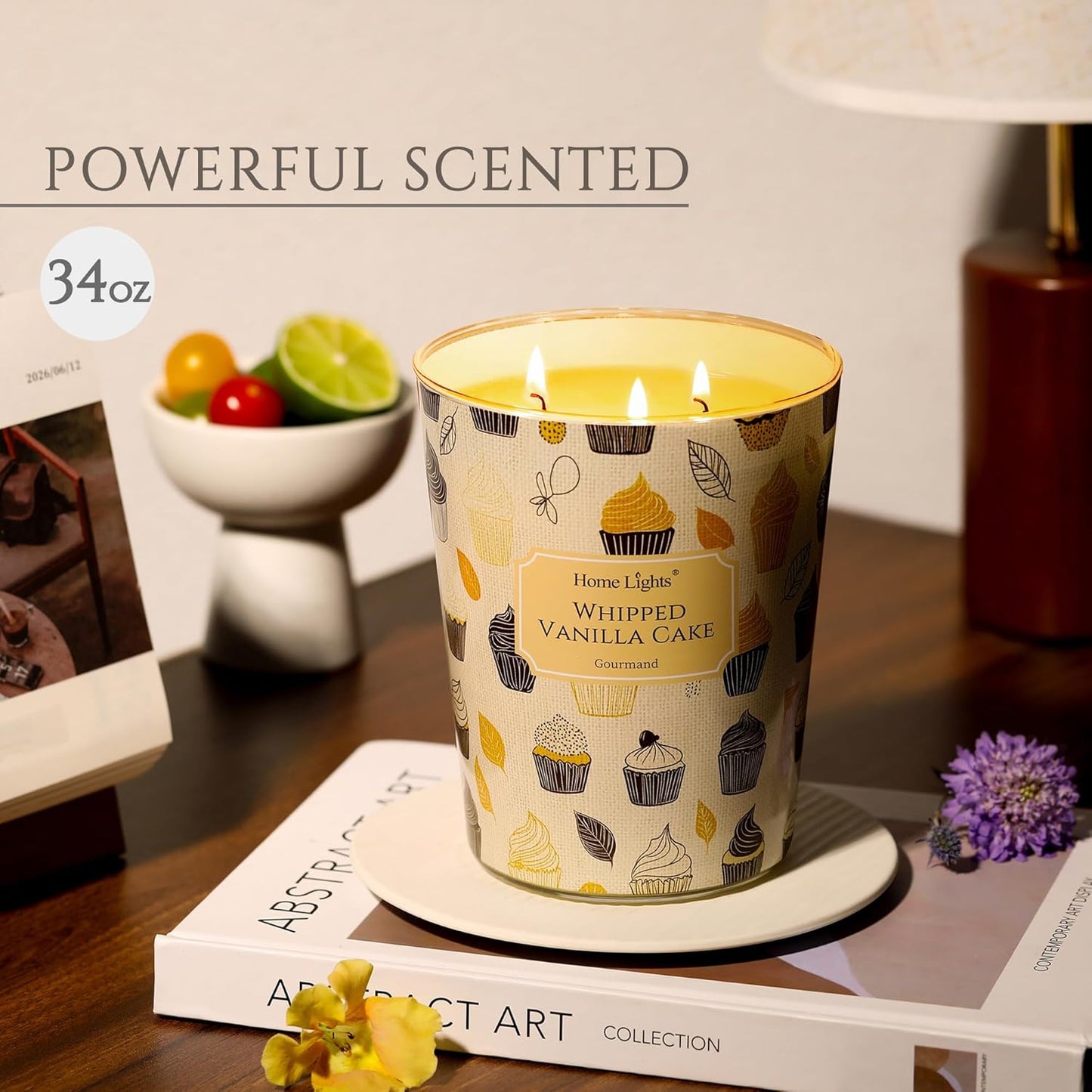 HomeLights Soy Wax Candles for Home Scented, 3-Wick Candles in Whipped Vanilla Cake Scented, Rustic Modern Aromatherapy Candles Gift for Parties, Relaxing, 34oz