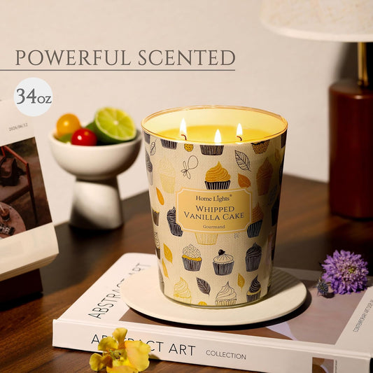 HomeLights Soy Wax Candles for Home Scented, 3-Wick Candles in Whipped Vanilla Cake Scented, Rustic Modern Aromatherapy Candles Gift for Parties, Relaxing, 34oz