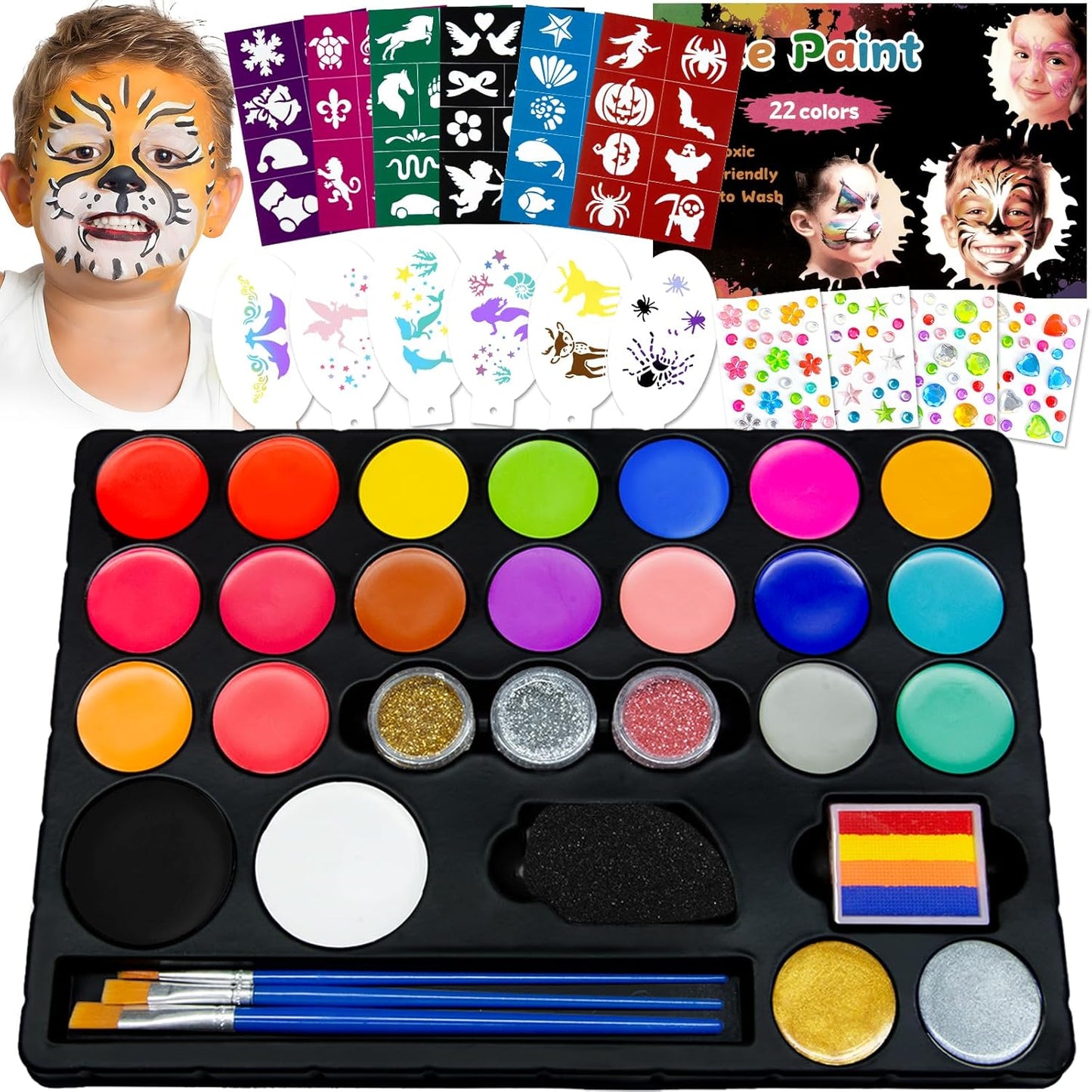 Professional Face Painting Kit for Kids – 22 Colors Non-Toxic Face & Body Paints with Rainbow Palette, Brushes, Stencils, Glitter & Gems for Birthday Parties, Halloween, Festivals, School Events