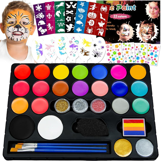Professional Face Painting Kit for Kids – 22 Colors Non-Toxic Face & Body Paints with Rainbow Palette, Brushes, Stencils, Glitter & Gems for Birthday Parties, Halloween, Festivals, School Events