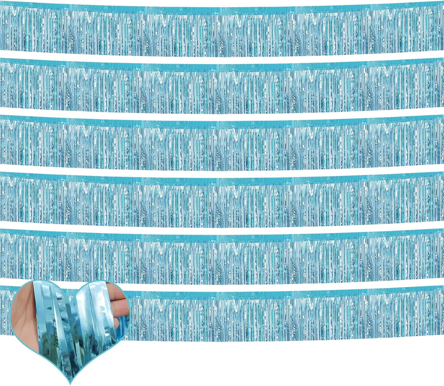 6 Pack 10 Feet Foil Fringe Garland Metallic Tinsel Banner Wall Hanging Curtain Streamers Backdrop for Parade Floats Bachelorette Wedding Birthday Party Thanksgiving Christmas Decorations(Light Blue)