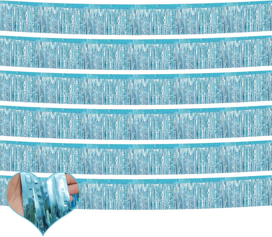 6 Pack 10 Feet Foil Fringe Garland Metallic Tinsel Banner Wall Hanging Curtain Streamers Backdrop for Parade Floats Bachelorette Wedding Birthday Party Thanksgiving Christmas Decorations(Light Blue)