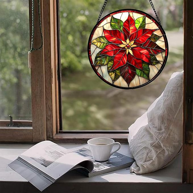 Stained Glass Window Hanging - Red Poinsettia Birth Flowers Suncatcher for Door Garden Yard Sun Catchers Decor Christmas Mother's Day Birthday Gifts for Women Mom Nana Teacher Friend 9.8 in