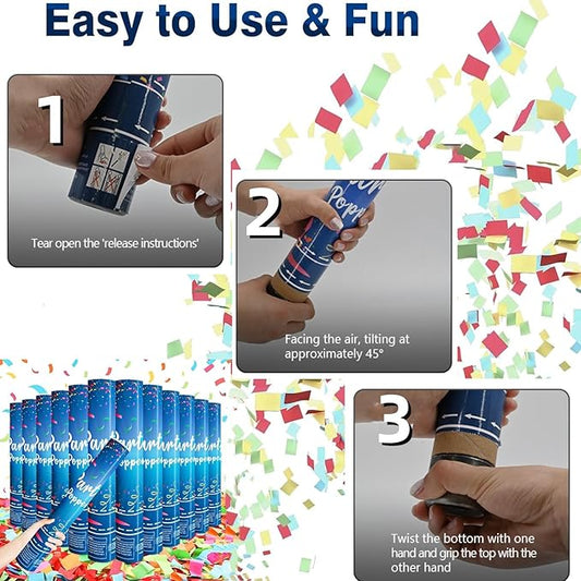 Biodegradable Confetti Cannon 6 Pack Multicolor Confetti Poppers 12 Inch Party Poppers Shooters Paper Popper Cannon for Wedding Birthday Graduation Decorations 2025 New Year's Eve and Any Celebration