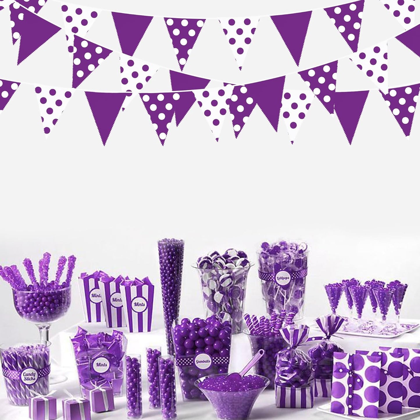32Ft Purple Party Decorations Purple White Fabric Polka Dot Triangle Banner Pennant Flag Garland Streamers for Birthday Wedding Baby Shower Picnic BBQ Outdoor Lavender Mermaid Party Decor Supplies