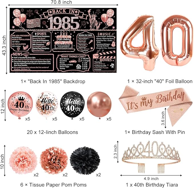 40th Birthday Decorations for Women – 59pcs Back in 1985 Party Supplies Backdrop, Banner, Honeycomb Centerpieces, Hanging Swirls, Foil & Latex Balloon, Cake & Cupcake Toppers, Sash, Pom Poms, Crown