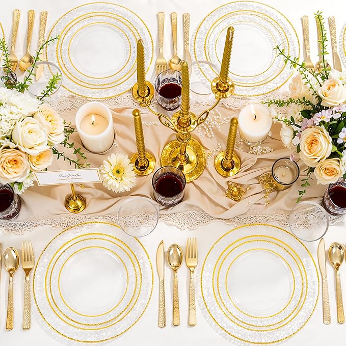 Ciaell 150PCS Clear Gold Plastic Plates - Disposable Gold Rim Plates include 25Dinner Plate, 25Dessert Plate, 25Forks, 25Knives, 25Spoons, 25Cups for Wedding & Party