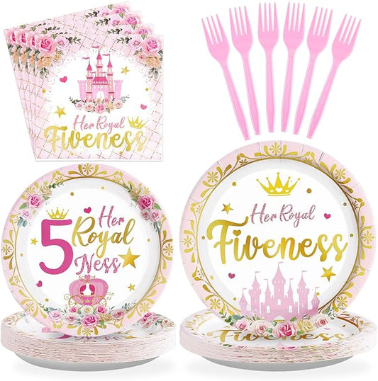 Grencian 96Pcs Princess Birthday Decorations Pink Princess 5th Birthday Party Plates and Napkins Disposable Her Royal Fiveness Paper Tableware for Girls 5 Year Old Castle Party Supplies, Serves 24