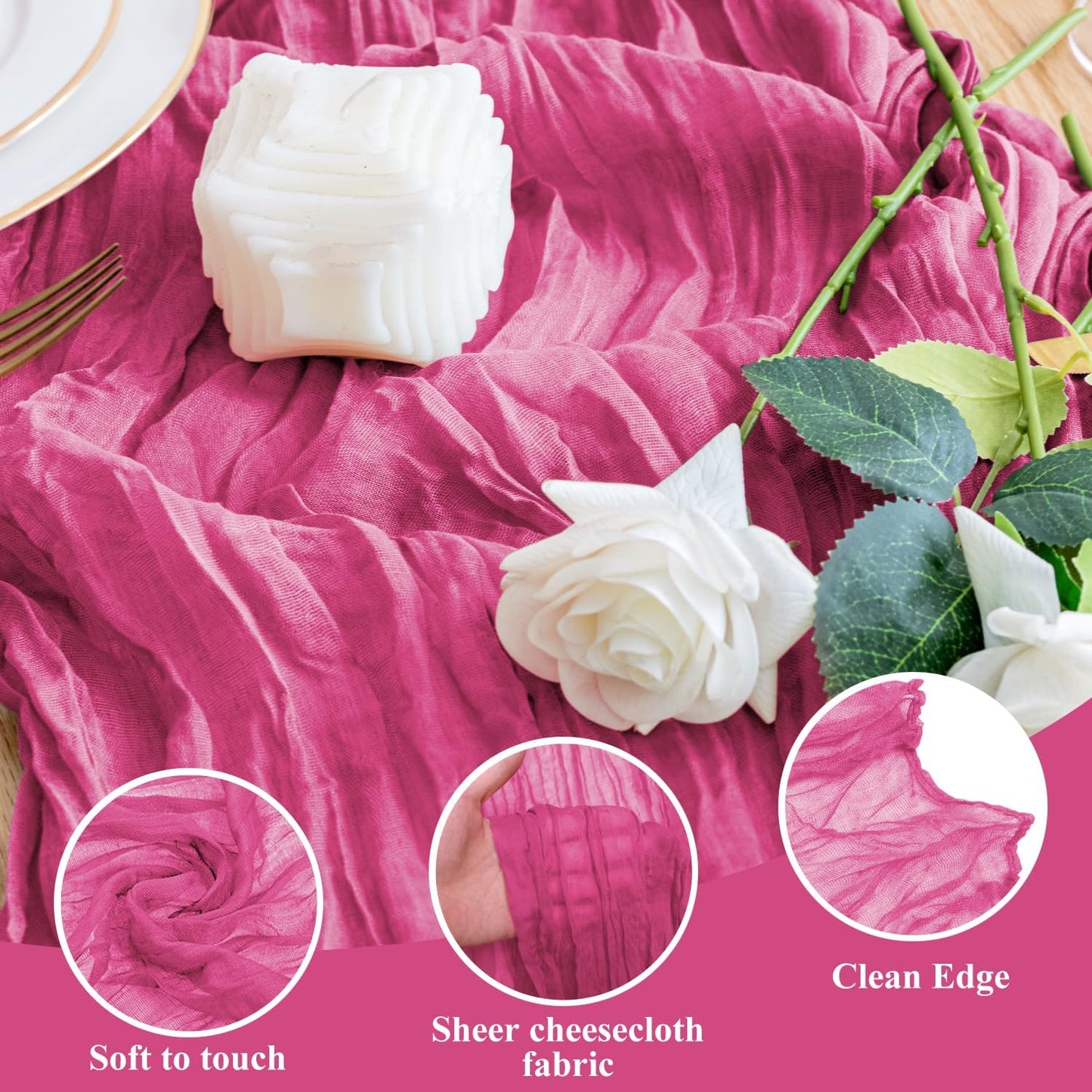 Wokceer Cheesecloth Table Runner 3Pack 10FT Deep Pink Boho Gauze Fall Thanksgiving Cheese Cloth Table Runner for Party Long Rustic Sheer Table Runners for Baby Bridal Shower Wedding Easter Table Decor