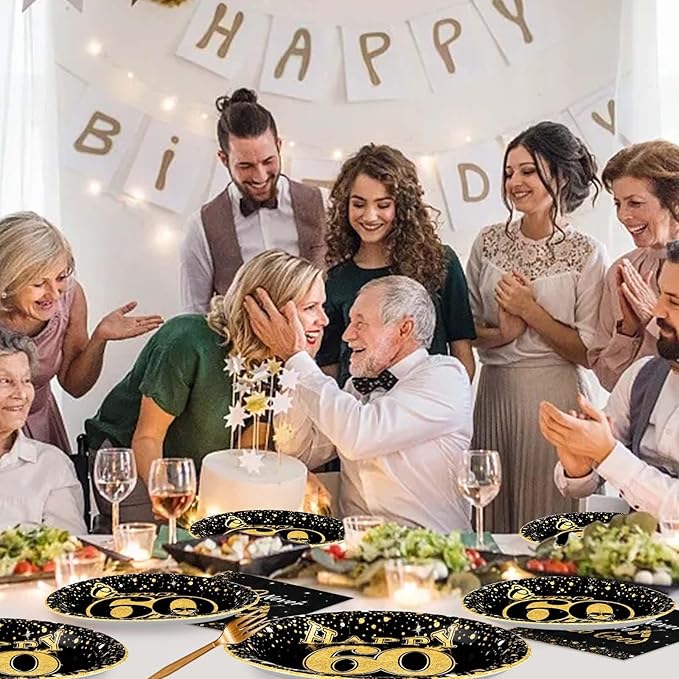 Grencian 96Pcs 60th Birthday Party Decorations Vintage 1965 Birthday Plates and Napkins Black and Gold Tabeware Sets Cheers to 60 Years Decorations for Mens Womens 60 Year Old Party Supplies Serves 24