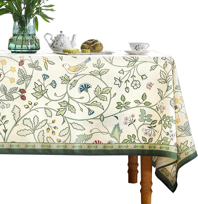 Linen Table Cloth Rectangle,Wrinkle Resistant French White and Green Tablecloth Print with Froal,Decor Stitch Table Cloth for Thanksgiving,Dining Room,Home,55" × 79"-Idaho A