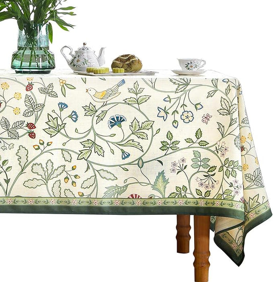 Linen Table Cloth Rectangle,Wrinkle Resistant French White and Green Tablecloth Print with Froal,Decor Stitch Table Cloth for Thanksgiving,Dining Room,Home,55" × 79"-Idaho A